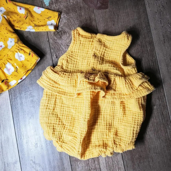 Cat & Jack & Carter's Yellow Gauze Ruffle Romper w/ Floral Cardigan Sweater 0-3M - Picture 12 of 12
